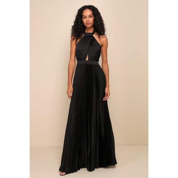 Lulus Dresses & Skirts - Lulus Midnight Moves Black Pleated Satin Cutout Halter Maxi Dress - Size S